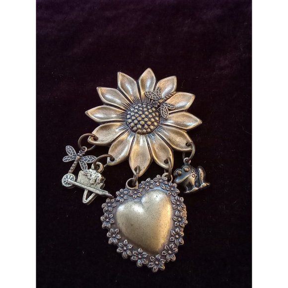 Antiqued Bronze tone Sunflower Gardener Dangles Brooch Pin - Picture 9 of 9